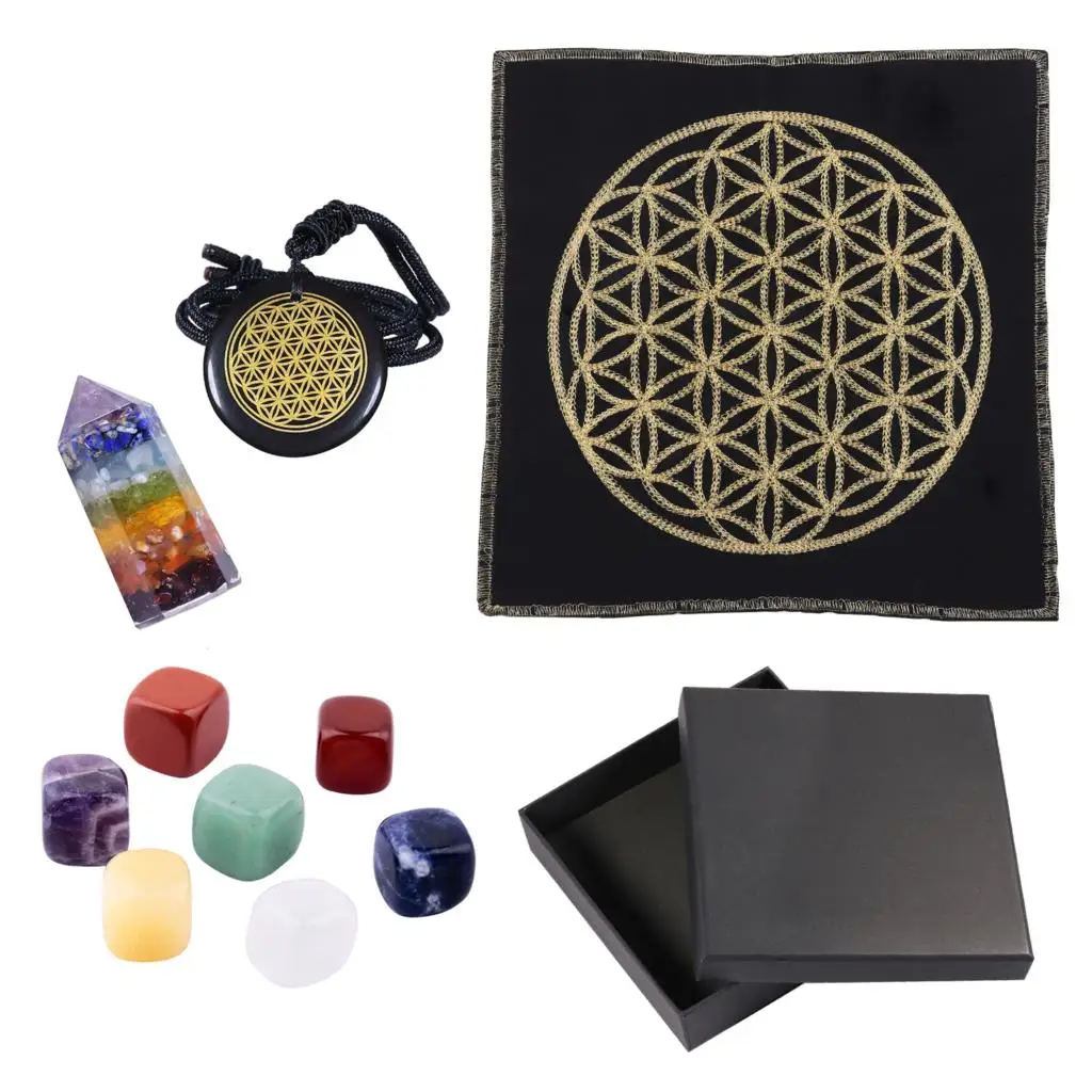 7 Chakra Hexagonal Point Wand Healing Crystal Stone Set With Flower Of Life Mat For Tarot Divination Yoga Meditation step drill bit 30mm carbon steel speedy screw cones drill bit with hex hexagonal round handle for soft hard firewood drill bit
