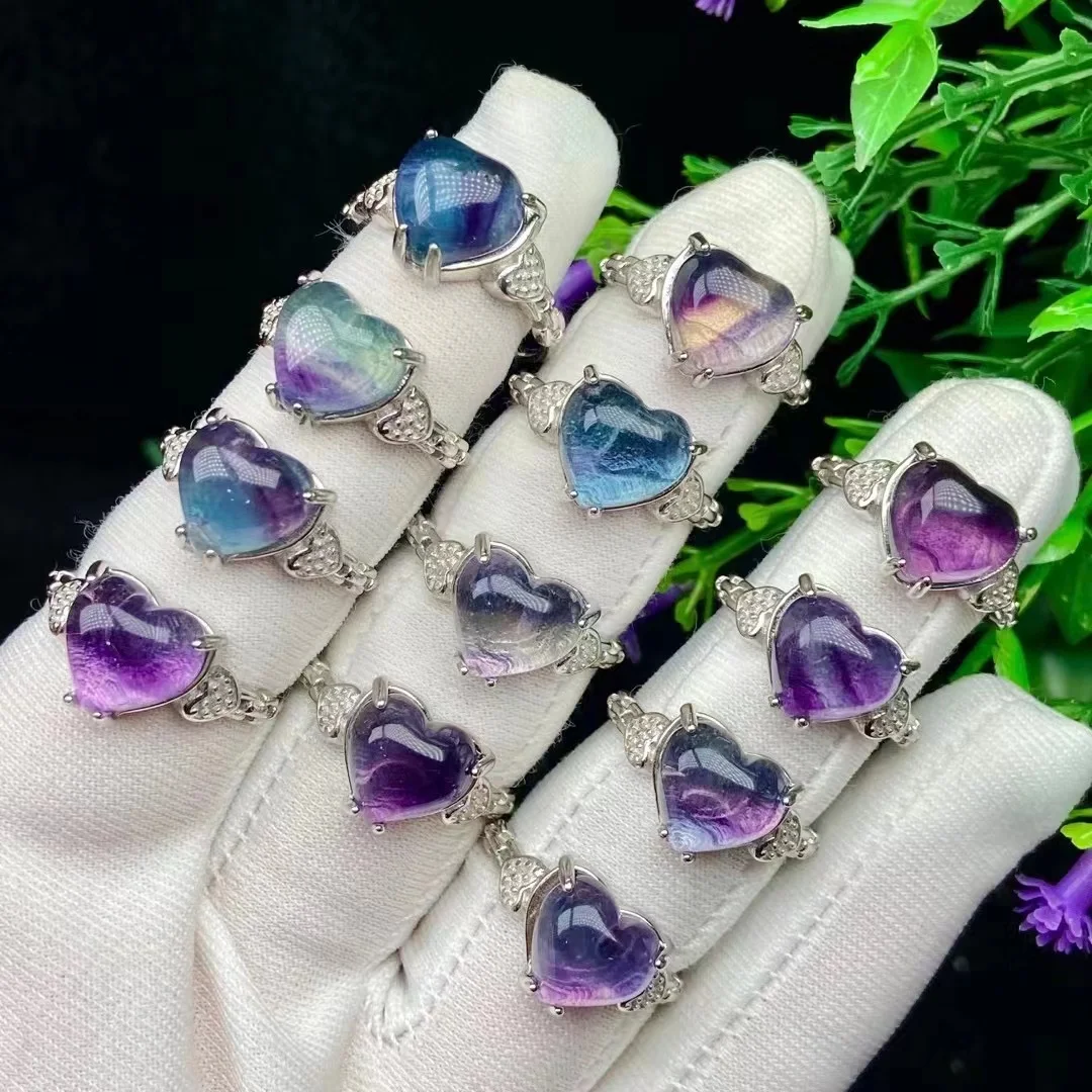 

10PCS Natural Fluorite Heart Ring For Women Healing Energy Gem Adjustable Ring Fashion Party Jewelry Gift