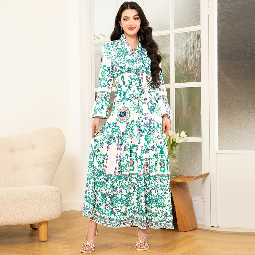 Elegant style V-neck Flowers Plant Buttons Belt Flared sleeve Long Dresses