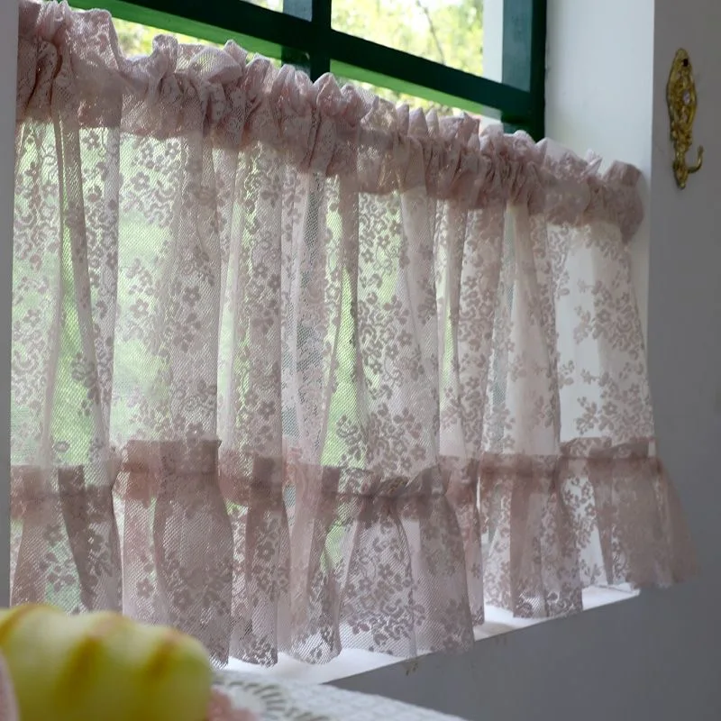 Korean/Japanese Pink Lace Short Curtains Korea Pastoral Flowers Half Curtains for Kitchen Valance #A358 2