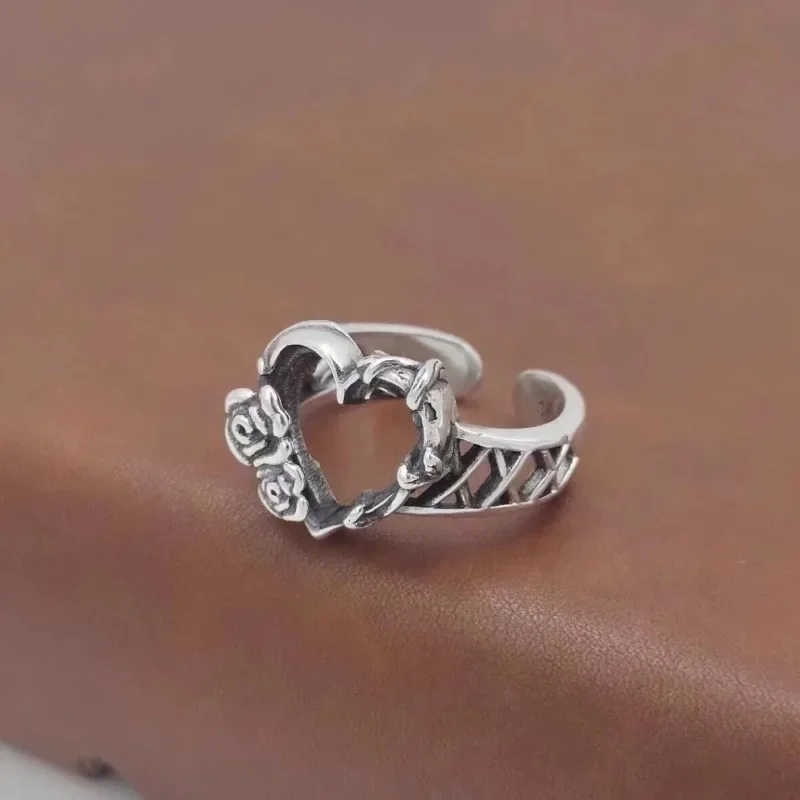 Retro Rings Rose Love Heart Hollow Out Ring Y2K Silver Color Simple Fashion Adjustable Opening Alloy Rings for Unisex