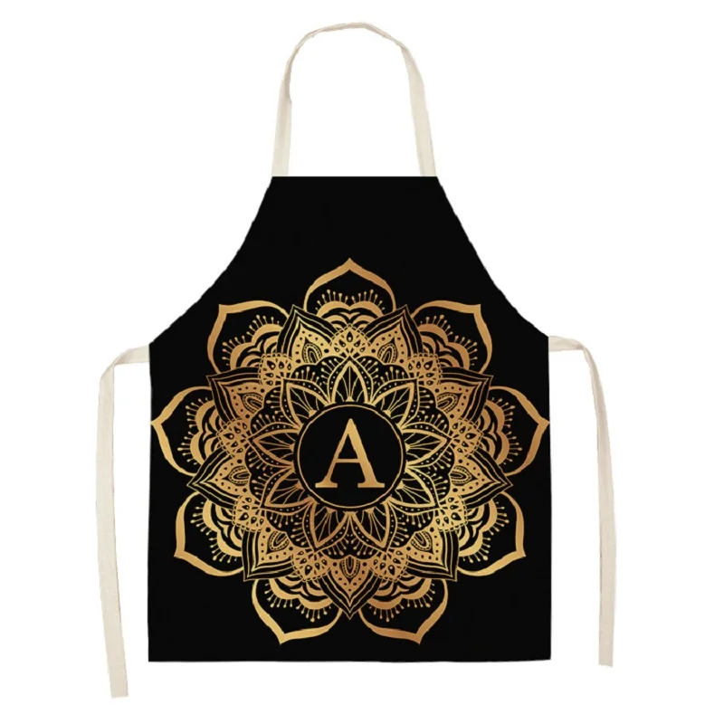 

1Pcs Golden Letters Mandala Pattern Cleaning Aprons Cooking Kitchen Apron Cook Wear Cotton Linen Adult Bibs Baking Accessories