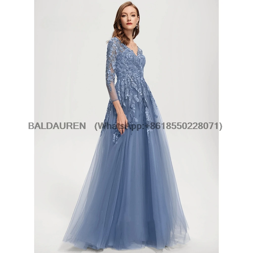 V Neck A Line Mother Dress For Wedding 3/4 Sleeves Lace Appliques Wedding Party Gowns Floor-Length Formal Dress Customized mother bride dresses