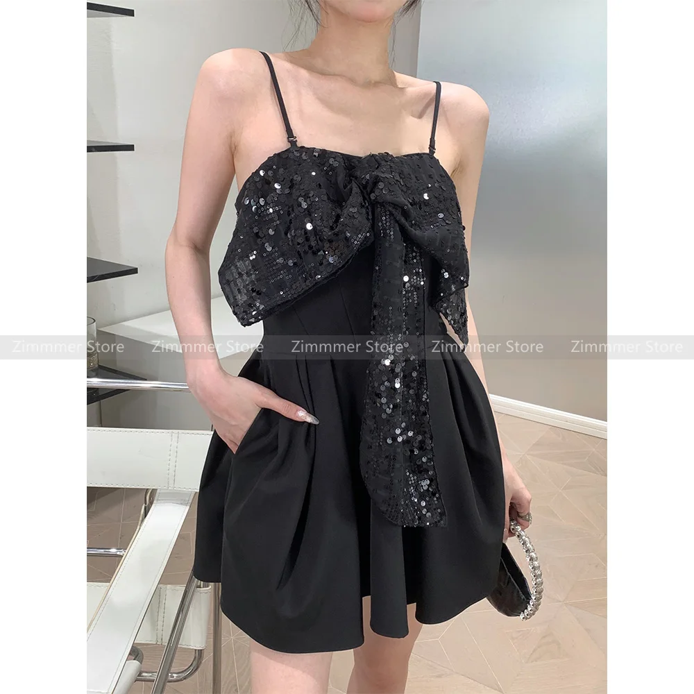 

Elegant niche black sequins mesh bow halter bustier waisted skirt 2024 summer new