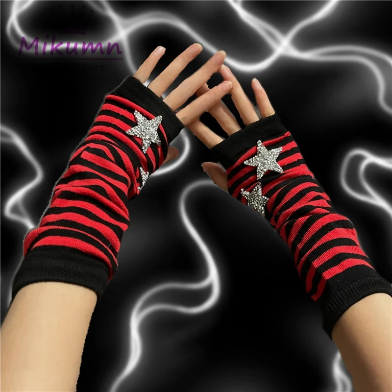 thumbnail image 2 of Goth Gloves Y2K Sweet Knit Long Sleeve Fingerless Mittens Japanese Harajuke Arm Sleeve For W Femboy Clothes 2 of 11