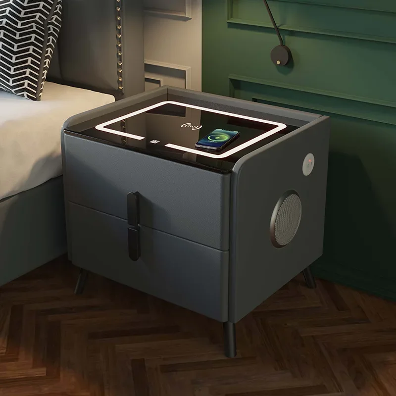 Solid Wood Smart Bedroom Nightstands Moder Style 2 Drawers Multifunction Storage Cabinet Faux Leather Bedside Table
