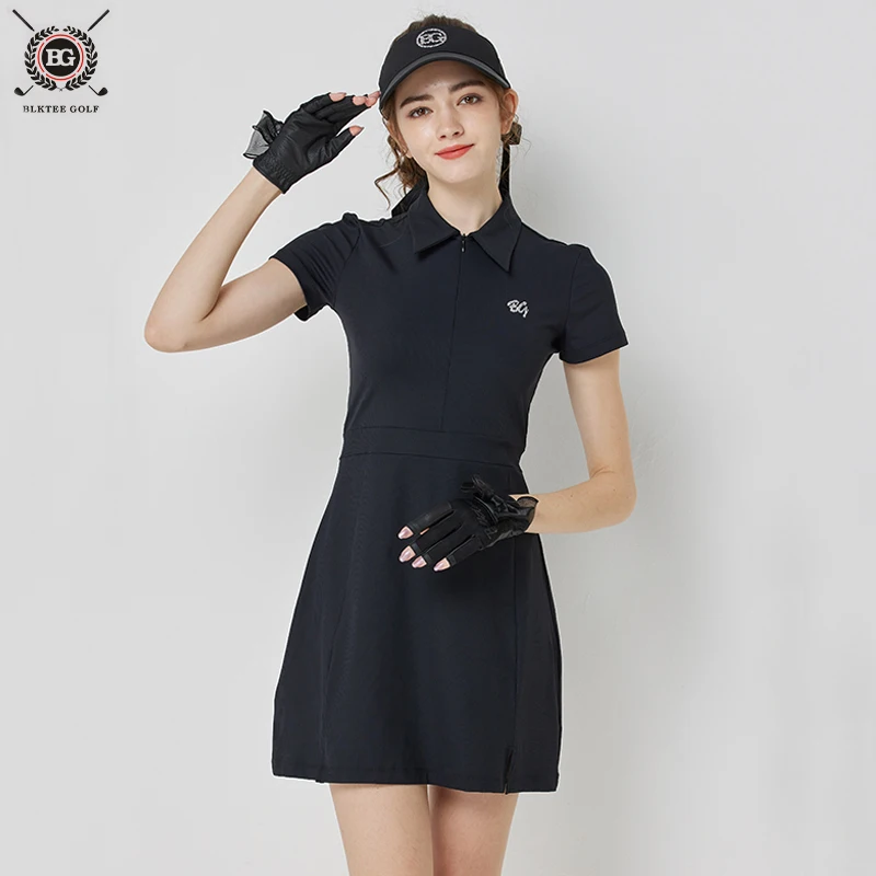 BLKTEE Golf Women Dress Short Sleeve Breathable Slim Waist Polo Shirt Dresses Zipper Half Length Skirt Ladies Golf Clothing