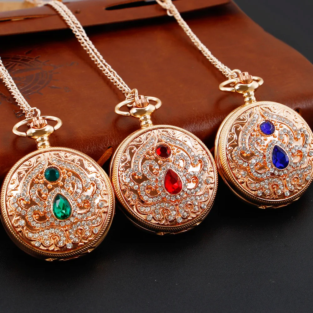 

Rose Gold Luxury Diamond Quartz Pocket Watch for Women Vintage Ladies Fashion Necklace Gift reloj mujer analogico