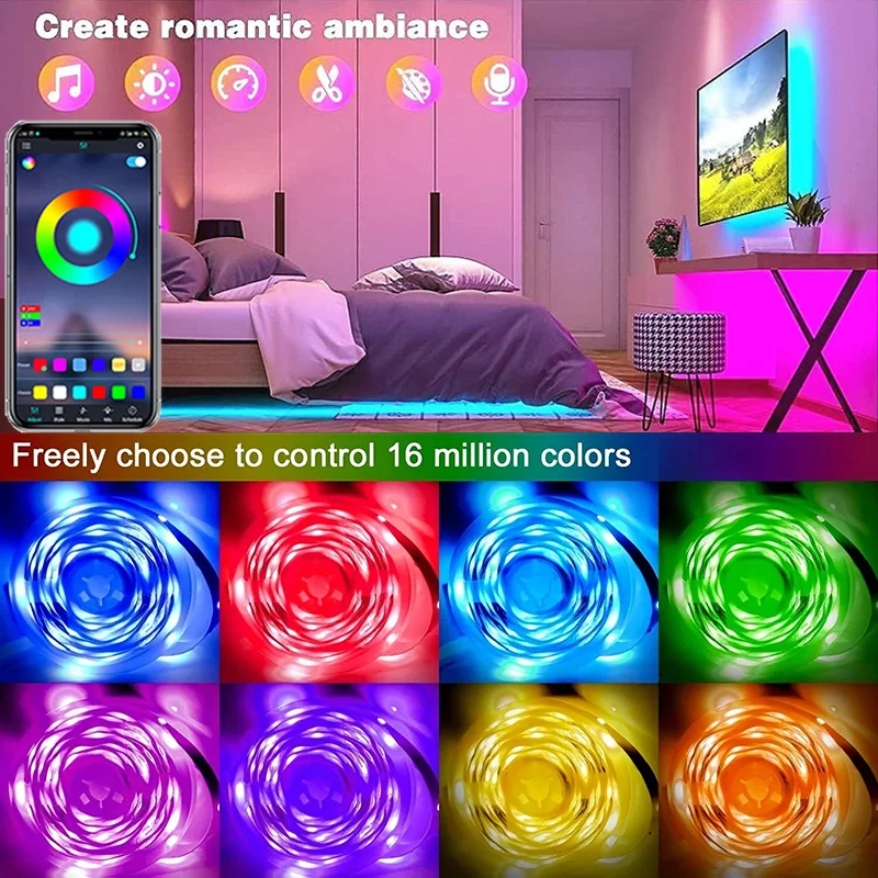 Fita LED com Wi-Fi e controle Bluetooth, luzes RGB, fita flexível, retroiluminação de TV, decoração do quarto, 1m-30m, 5V, USB, 5050