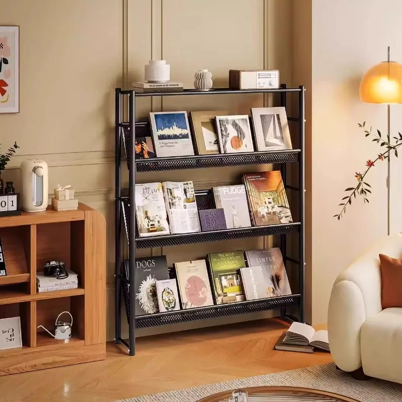 Standing Bookshelf Newspaper Magazine Storage Rack Books Periodicals Display Rack Living Room Retro Wall-mounted Bookcase FYMR