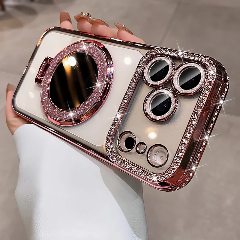 Glitter Lens Film Mirror Stand Clear Phone Case For iPhone
