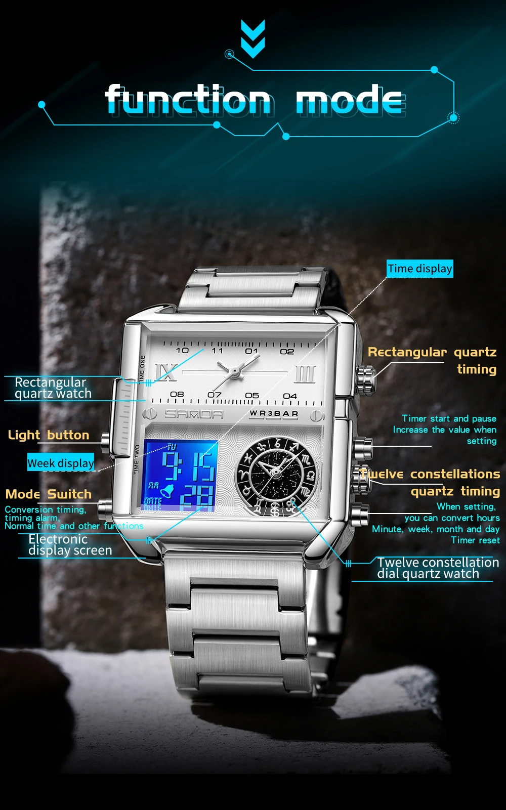 2023 SANDA 9008 Leather Men Watches Brand Male Clock Dual Time Display Digital Quartz Stopwatch Alarm Clocks Sport Waterprf