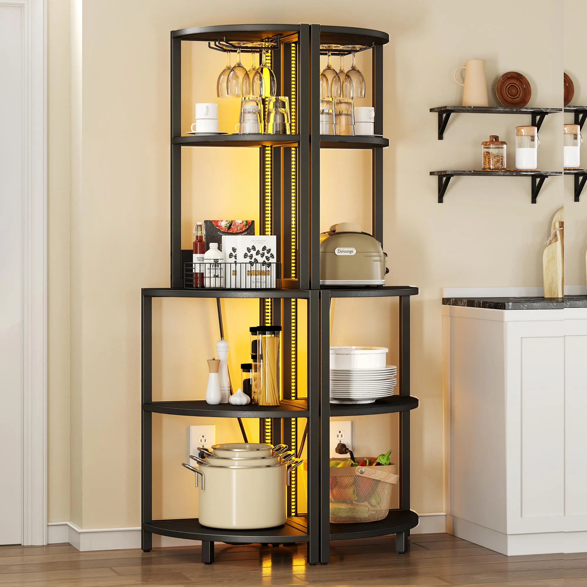 Corner Shelf with Power Outlets & LED Lights Bookshelf Bookcase Display Shelves