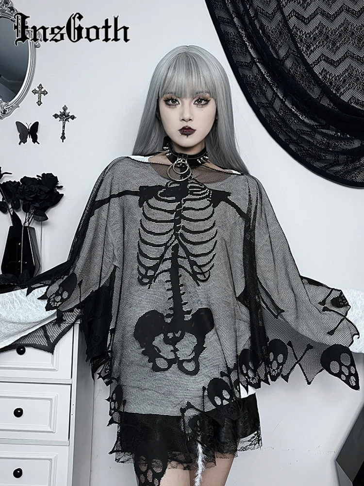 

InsGoth Skeleton Lace Poncho Skull Bones Halloween Cape Day of The Dead Costume for Women Goth Shawl Wrap Poncho for All Season