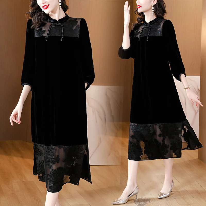 

2023 new style casual relaxed atmosphere women's disc buckle splicing burned true velvet loose thin black skirt