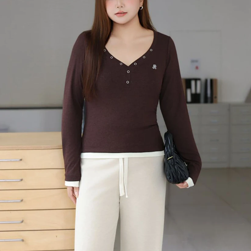 Premium American V-neck Fitted Knitted Fake Two Pieces Long Sleeved Tops Student Autumn XXXXL Fashion Plus Size Women's T-Shirt