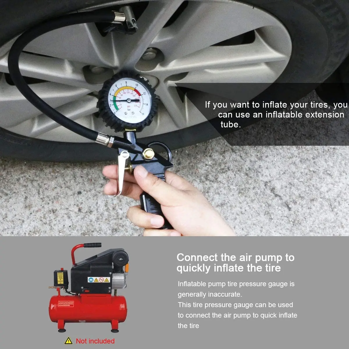 Tyre Pressure Gauge 0-220 PSI Tyre Inflator with Pressure Gauge Air Compressor, Valve Air Chuck and 90 Degree Valve Extender