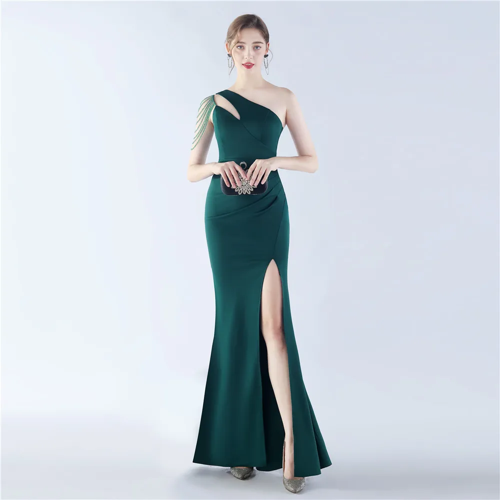 

Eleagnt Dark Green One Shoulder Mermaid Evening Dress With Beading Pleated Satin Side Split Long Women Gowns For Wedding Party