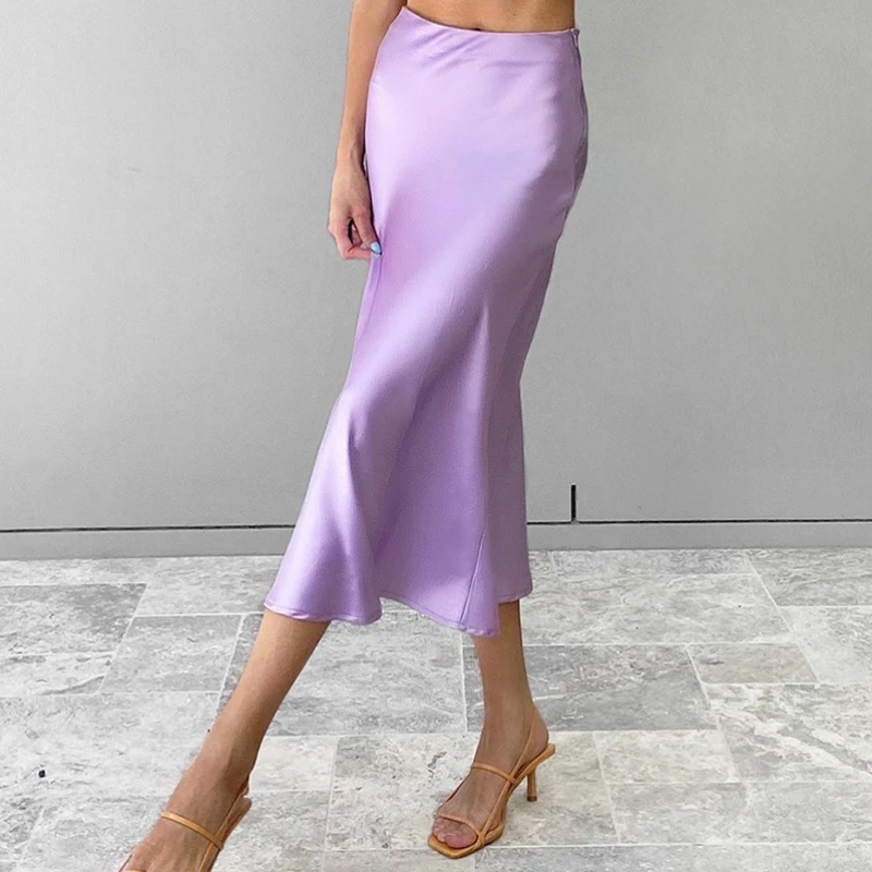 

2023 Elegant Office Lady Hip-Wrap Skirts Summer Solid Purple Satin Silk Skirt Women Casual High Waisted Long Slim Skirt 25959