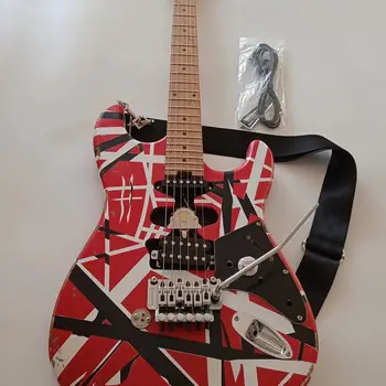 High quality Edward Eddie Van Halen Heavy Relic Red Franken Electric Guitar Black White Stripes Tremolo Bridge Slanted Pickup