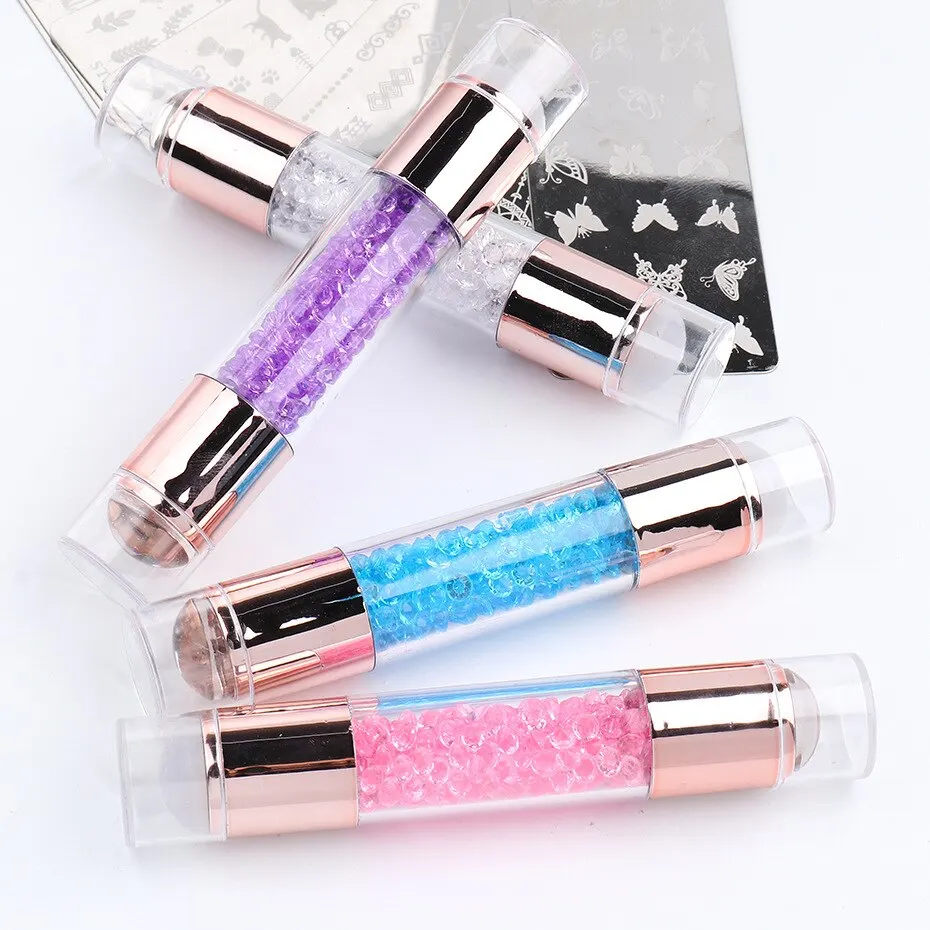 Nail Art Stamping Kit 3pcs Nail Stamp Art Set Double Head Silicone Nail Stamper Crystal Handle Stamp Random Stencil Easy Set Plating Tool