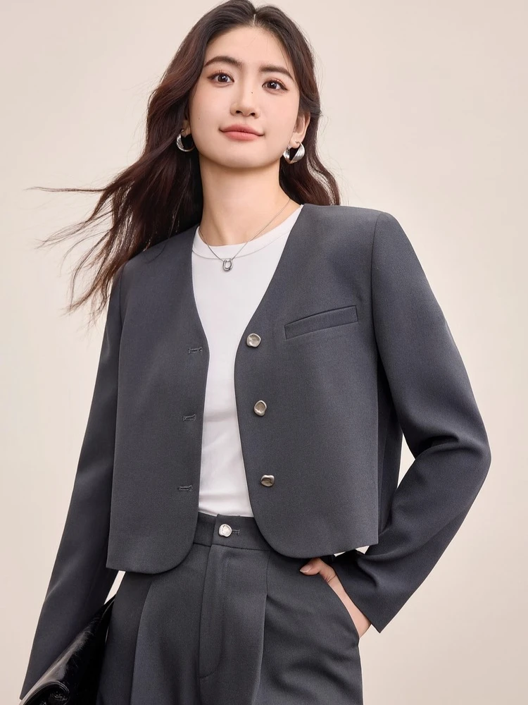 SENTUBILA Women's Gray Commuter Set 2025 Autumn Tailored V-neck Blazer With Shoulder Pads & Elastic Waist Trousers 153ZA2497 - Image 3