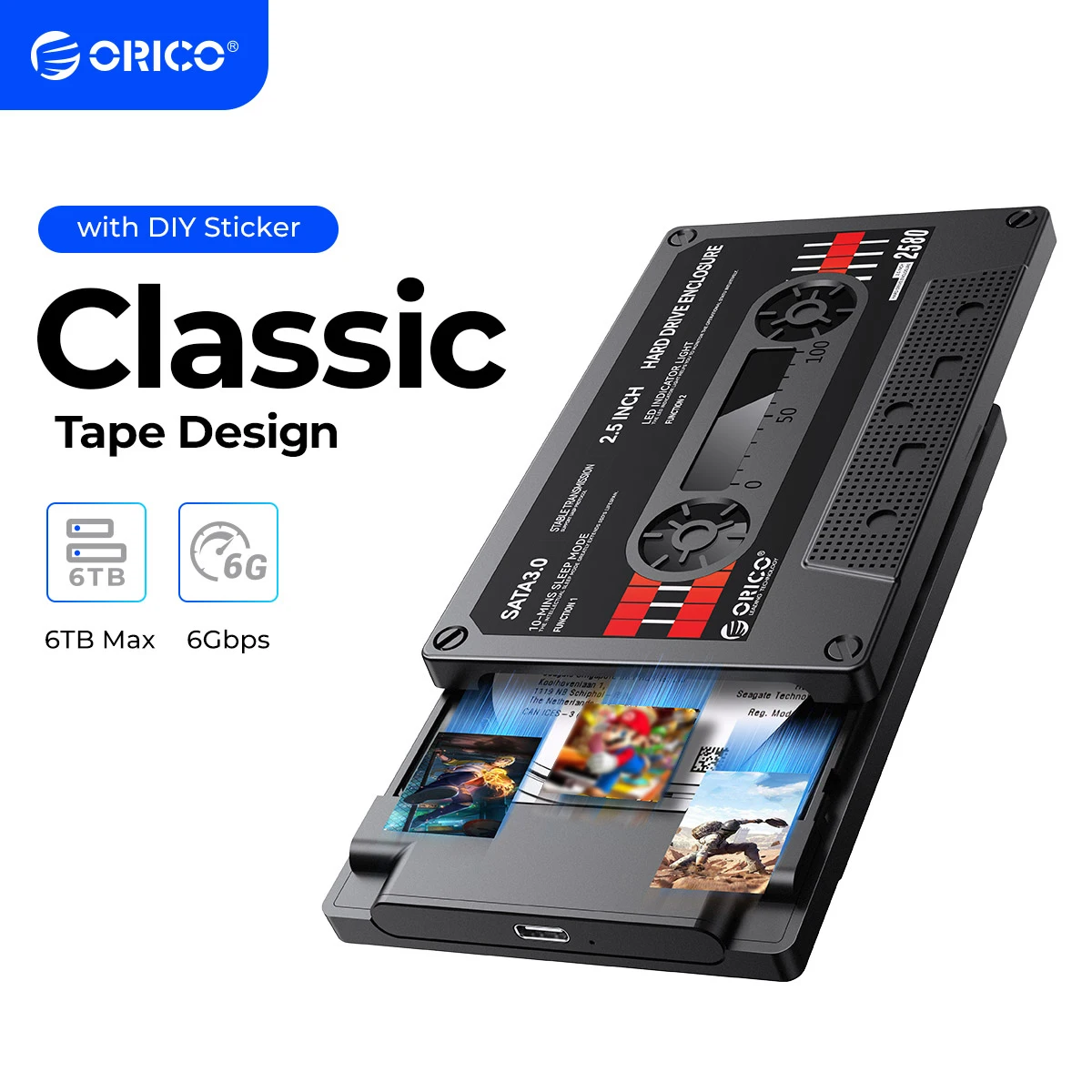 Orico-case de Disco Rígido Externo com Adesivo Faça Você Mesmo Gabinete Hdd Sata para Usb 3.0 tipo c 5gbps 6gbps 25