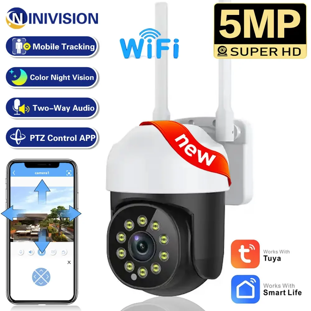 5Mp Tuya Smart Ptz Wifi Ip Camera Auto Tracking Wireless Security Cam Outdoor Outdoor Outdoor Street Ptz Cctv Telecamera Di Sorveglianza