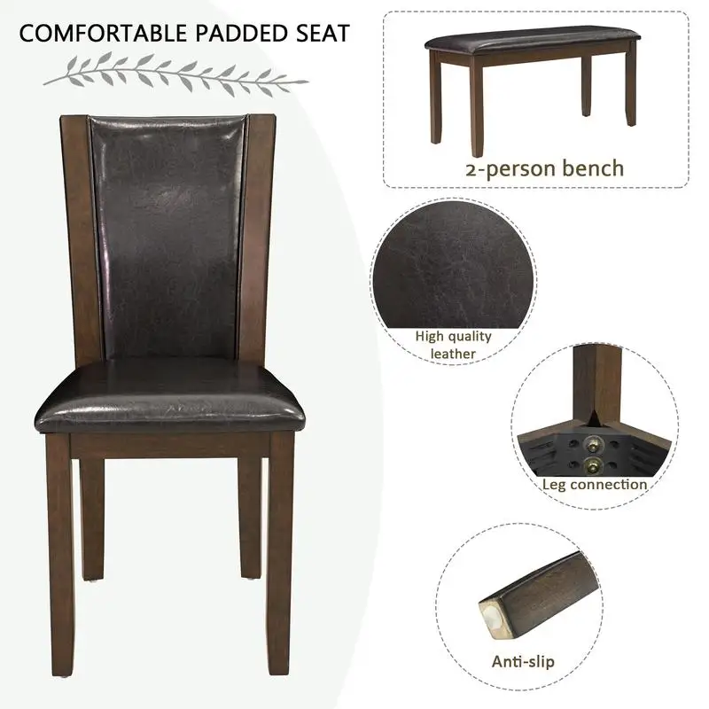 6-Piece Dining Table Set with Bench and Chairs, Wooden Farmhouse Style Dining Set for 6 People, Dark Walnut Finish for Dining - Image 5