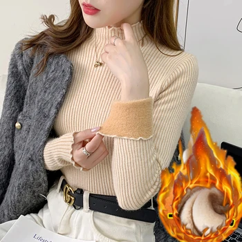 الشتاء الياقة المدورة سترة تريكو المرأة أنيقة رشاقته المخملية اصطف البلوزات الدافئة بلوفر مغزول سليم القمم جيرسي البلوز جديد 5