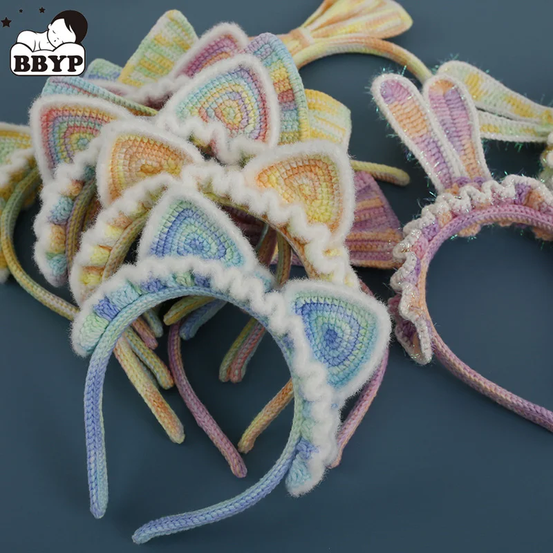 

Детская вязаная заколка для волос для девочек, обруч для волос с мультяшным Кроликом, котом, повязка на голову, аксессуары для волос, милая шпилька ручной работы