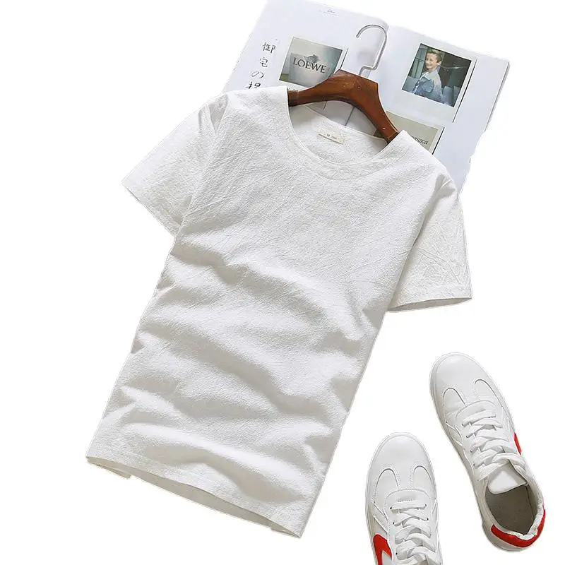 

Plus Size M-7XL Men's Pure Color Tops 2024 Summer Cotton Linen Men's O-neck t-Shirt Flax Slim Short Sleeve T-Shirts White/Black