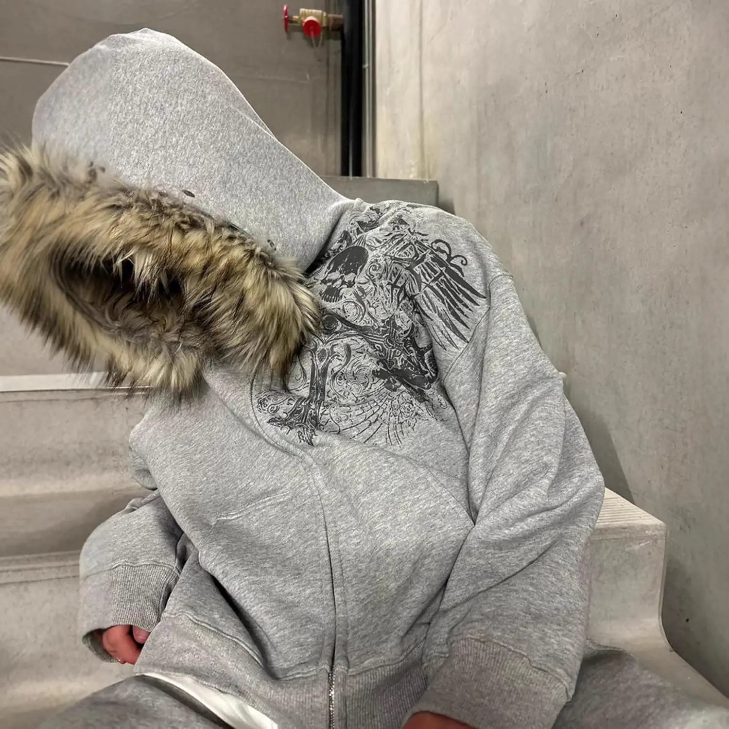 2000s Vintage Therian Fur Hood Jacket Y2k Goth Zip Up Hoodie