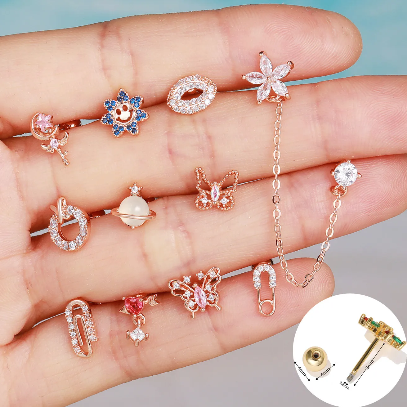 SOHOTCute1PieceStainlessSteelRodLipsSunButterflyZirconStud