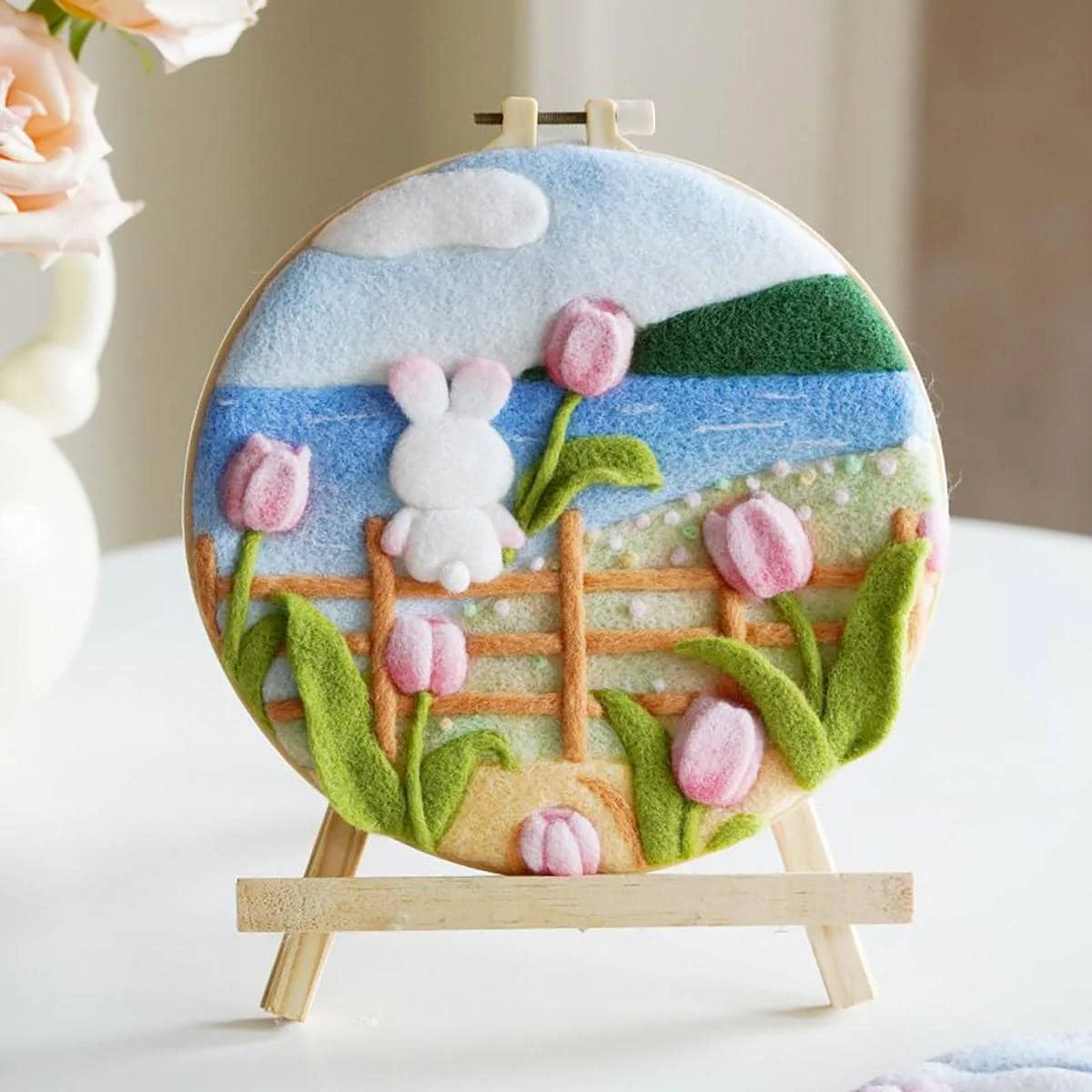 Needle Felting Painting Kit RUOPOTY Wool Felting Painting Kit With Frame Rabbit And Flowers Diy Felt Package for Home Decoration Crafts