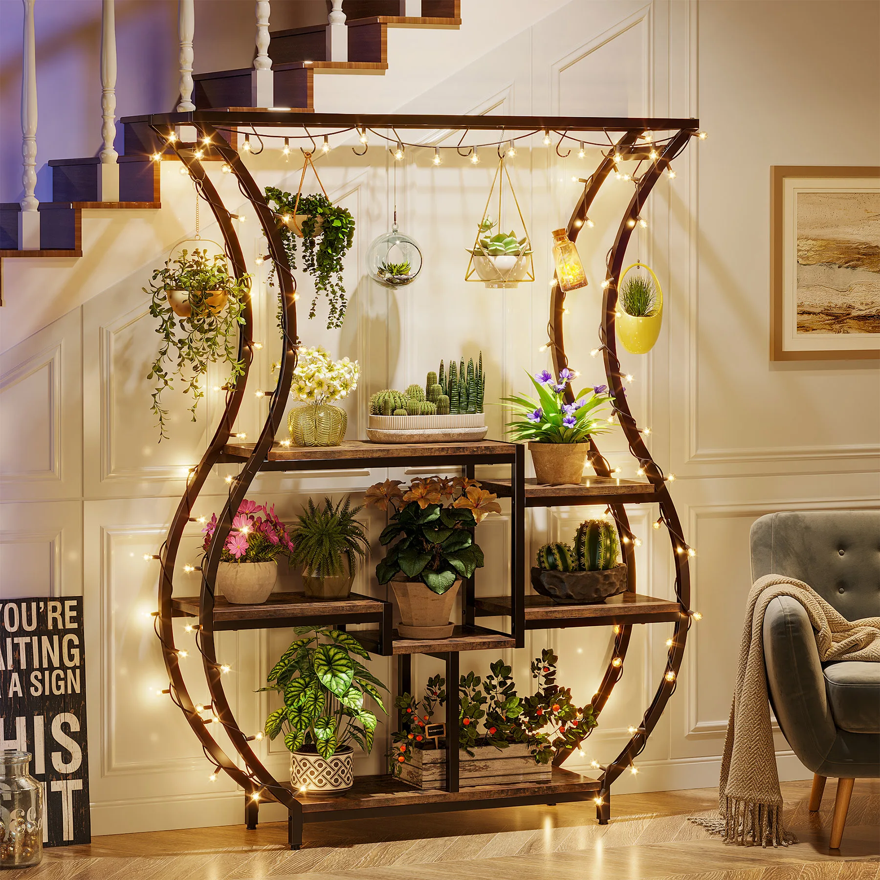 Tribesigns 6-tier plant stand 70.9 inch tall plant shelf with 10 hanging hooks vase shape ladder stand