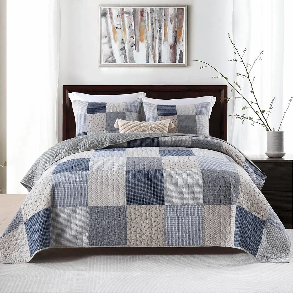 

Plaid Cotton Quilt Set 3PCS Bedspread on the Bed Soft Coverlet Comforter Queen Size Summer Blanket for Bed