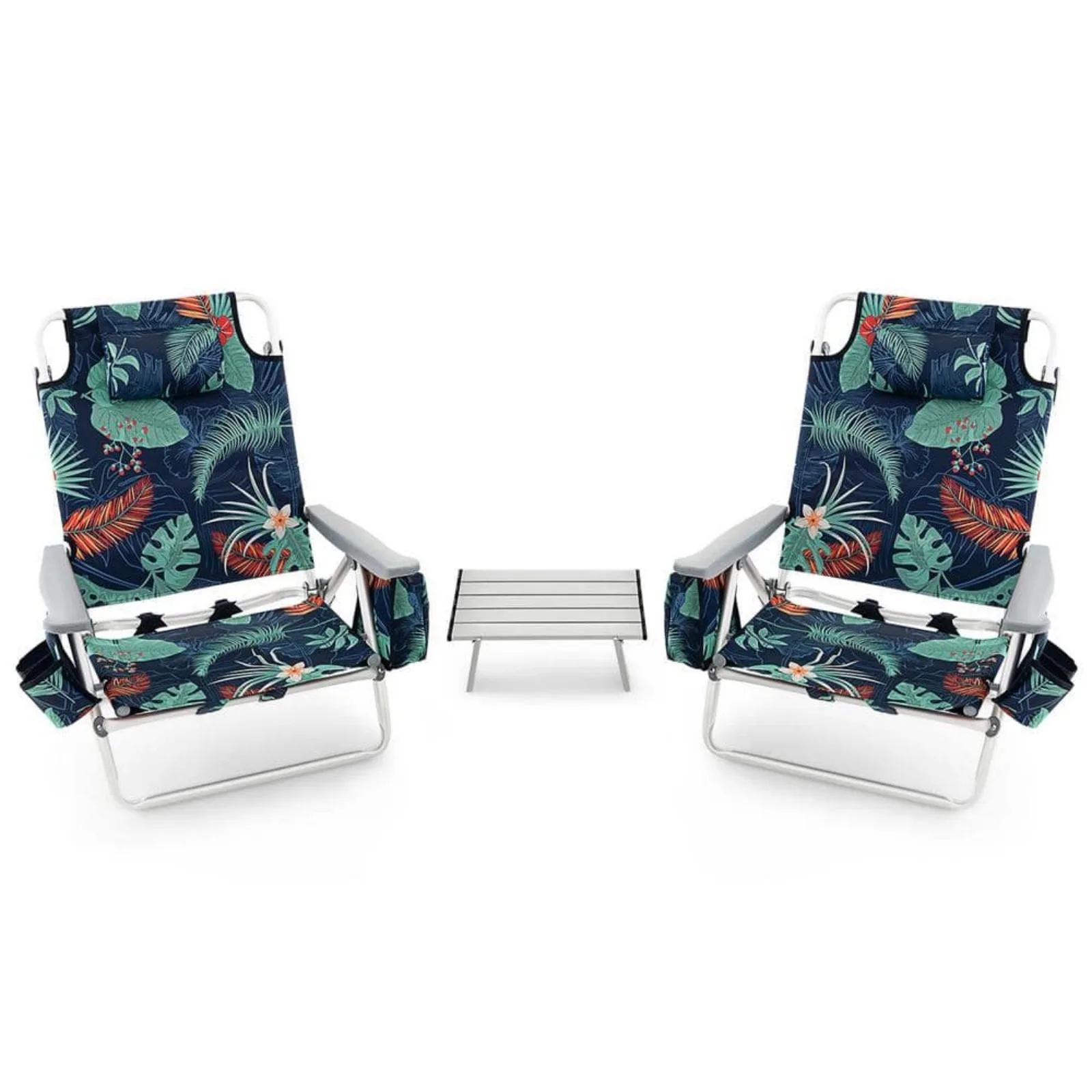 US Coconut tree Metal Folding Backpack Beach Chair Table Set 5-Position Outdoor Reclining Chair Printed, 2-Pack