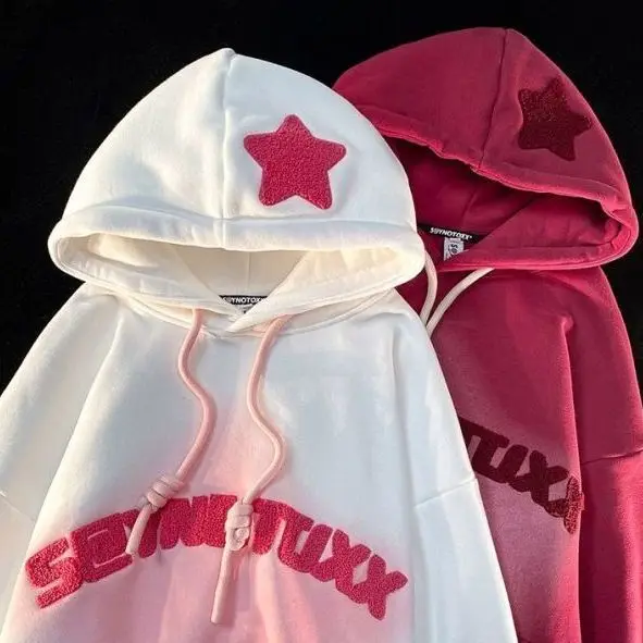 Gradient Color Hoodies Women Star Embroidery Harajuku Sweatshirts Korean Fashion Pullover Y2k Jacket Sudaderas Moletom