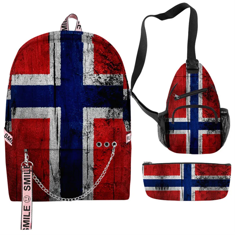 Creative Fashion Funny National Flag 3D Print 3pcs/Set Student School Bags multifunction Travel Backpack Chest Bag Pencil Case