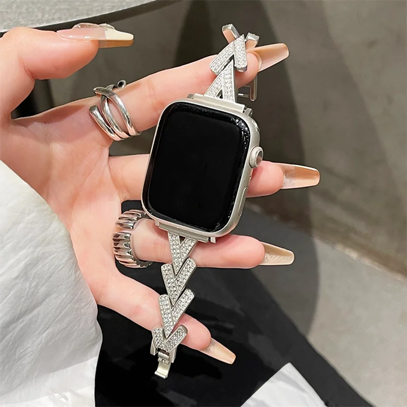 

Металлический Стальной ремешок для Apple Watch Series 9 8 7 6 SE 4 5 45/44/42 мм, роскошный блестящий бриллиантовый браслет IWatch Ultra2 49 мм 40 мм 38 мм