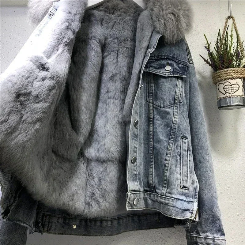 Denim Coat Women's Short Style New 2024 Winter Imitation Rabbit Hair Inner Lining with Plush and Thick Detachable Cotton Jacket