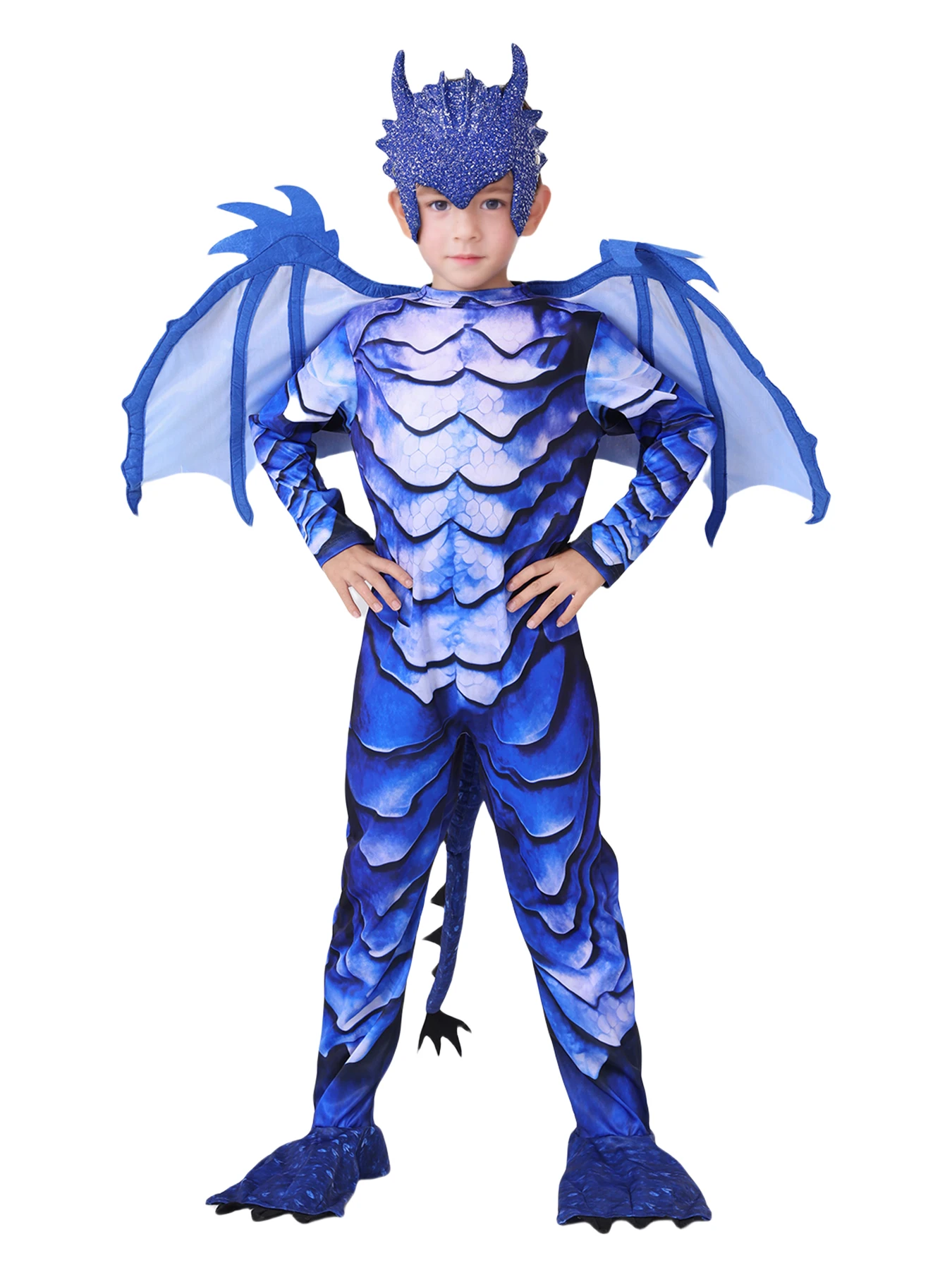 Heionia Costume Da Drago Per Bambini Con Maschera E Ali, Cosplay Carnevale Halloween, Blu, Taglia 120