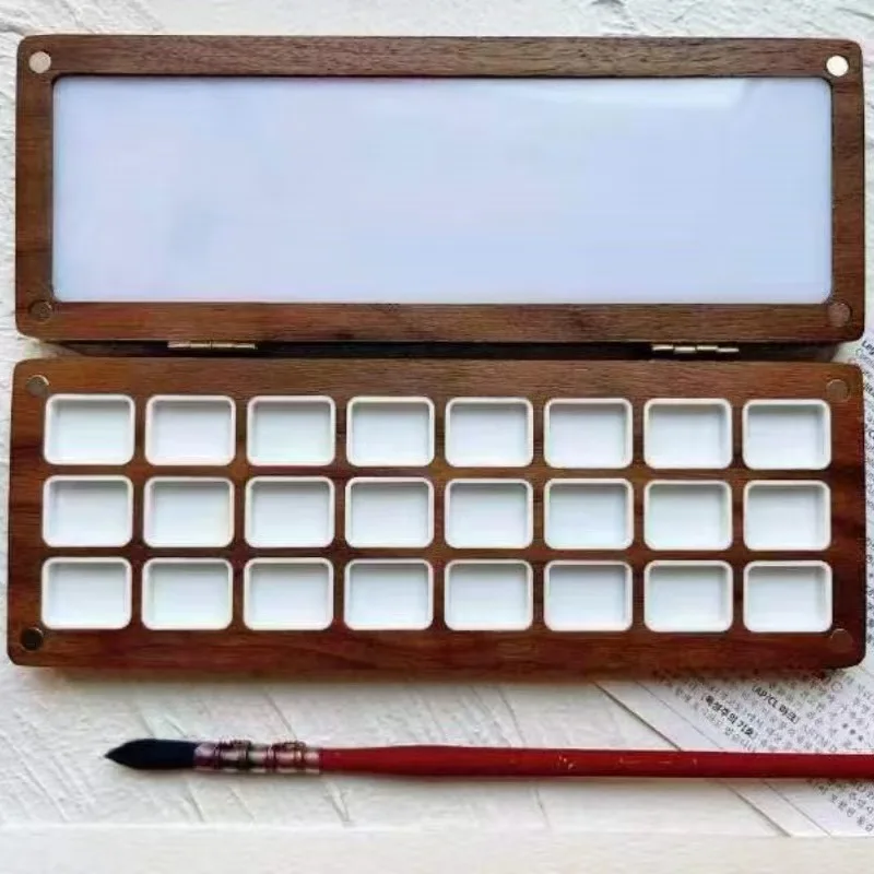 Empty Watercolor Palette Travel Portable 24Grid Walnut Paint Box Watercolor Storage Artist Painting Art Supplies