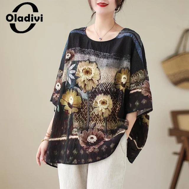 Oladivi Fashion Print Women Casual Loose Linen Blouses 2023 Summer New  Short Sleeve Oversized Shirts Ladies Big Tops Tunics 5394 - AliExpress