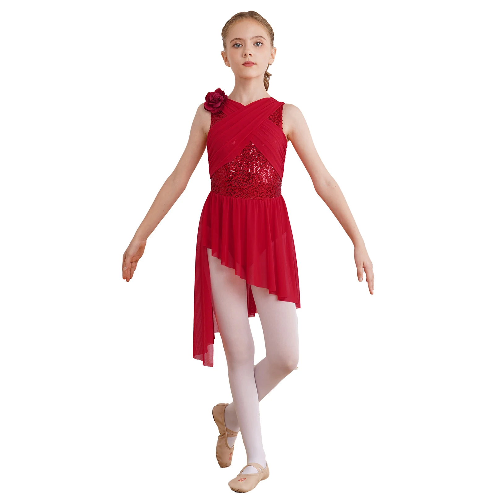 

Kids Girls Shiny Sequins Lyrical Dance Dress Ruched Sheer Mesh Overlay Dress Sleeveless Asymmetrical Skirted Leotard with Flower