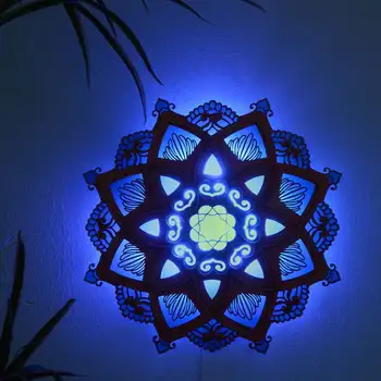 Mandala wall decoration, Mandala wall art decoration with LED lights, Lotus wall art decoration, Bohemian wood flower light 1