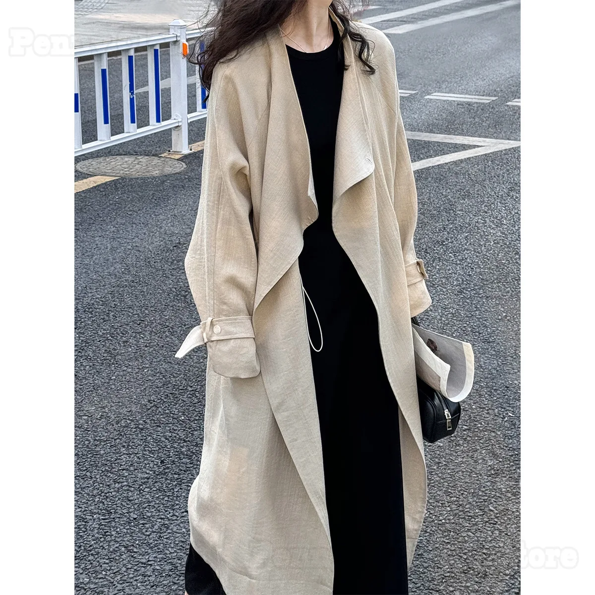 

2024 New Over-The-Knee Windbreaker Women's Mid-Length Spring And Autumn Drawstring Cotton And Linen Jacket For Commuting