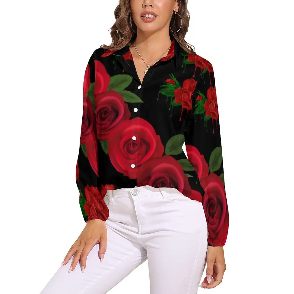 Blood Red Roses Blouse Floral Print Retro Pattern Blouses Woman