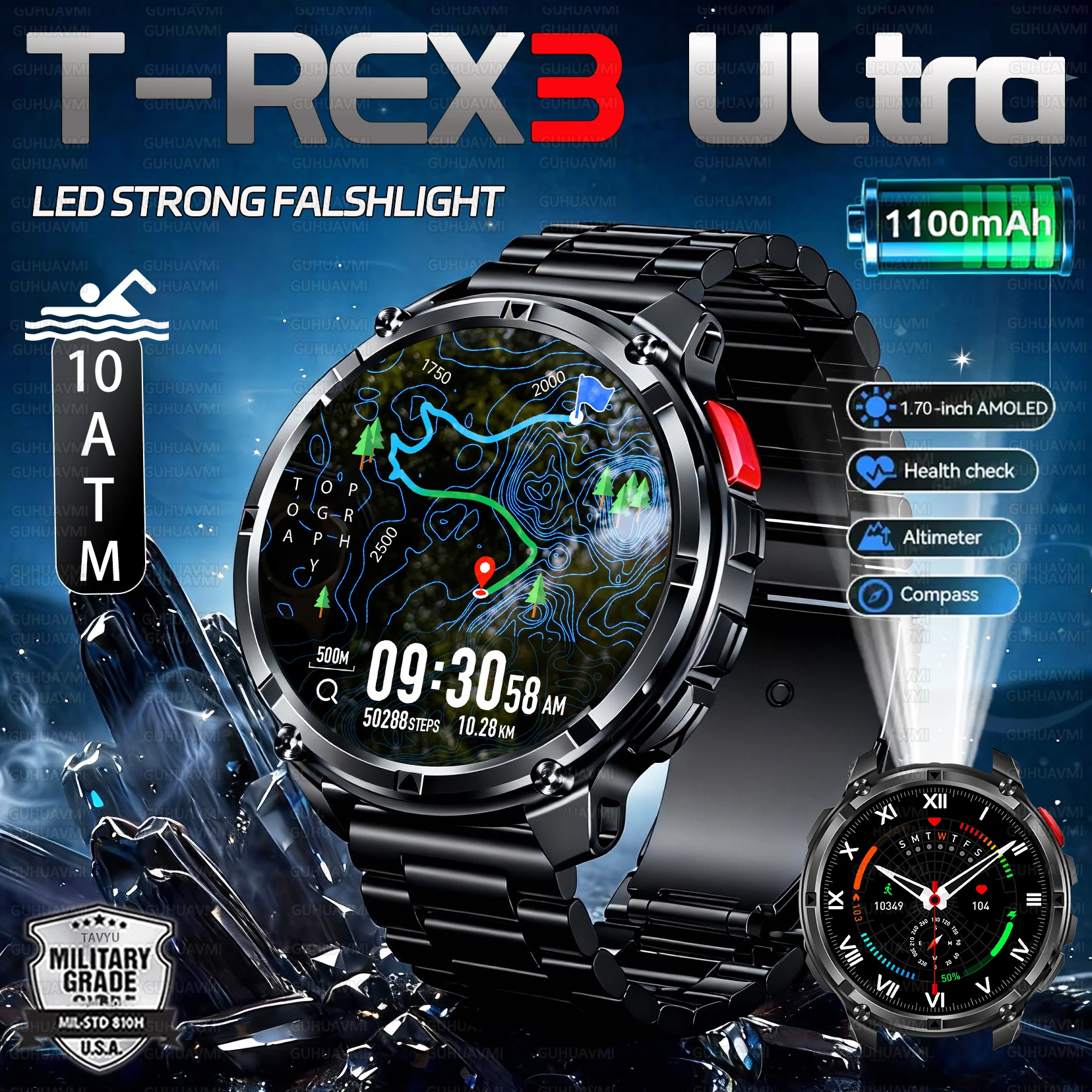 2026 New T-REX3 1100mAh Battery SmartWatch 10ATM Waterproof Compass Altitude HD Bluetooth call Sports Flashlight Smart Watch Men 1